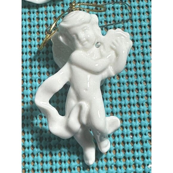 Porcelain Cherub Angel Christmas Ornaments Set White Hanging - Picture 9 of 11